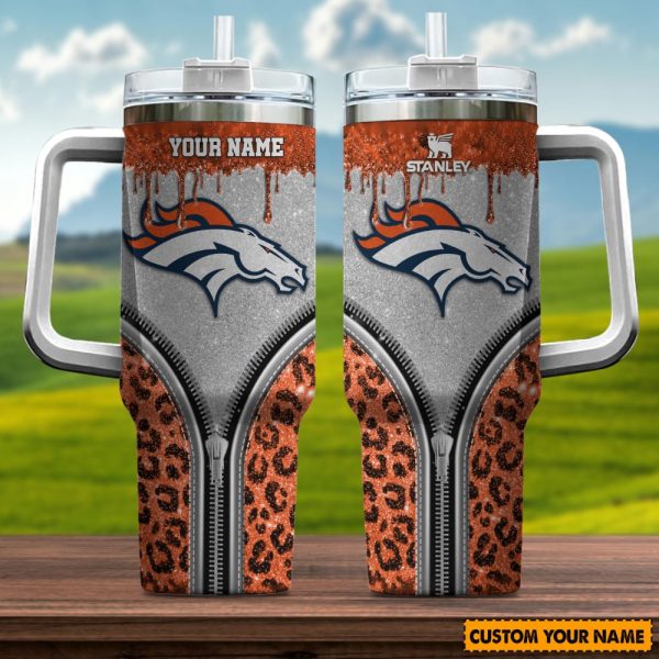 Denver Broncos NFL Glitter Leopard Print Custom Stanley Quencher 30oz-40oz Stainless Steel Tumbler Hot And Cold Tumbler