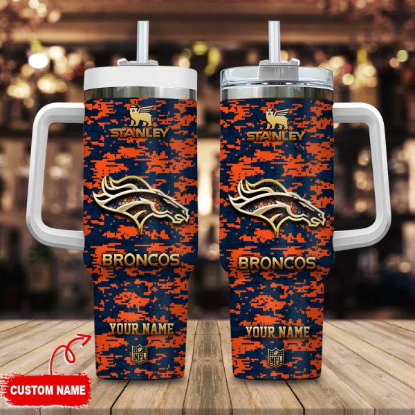 Denver Broncos NFL Camouflage Golden Logo Custom Stanley Quencher 30oz-40oz Stainless Steel Tumbler Hot And Cold Tumbler