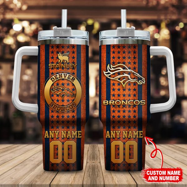 Denver Broncos NFL Golden Logos US Flag Custom Stanley Quencher 30oz-40oz Stainless Steel Tumbler Hot And Cold Tumbler