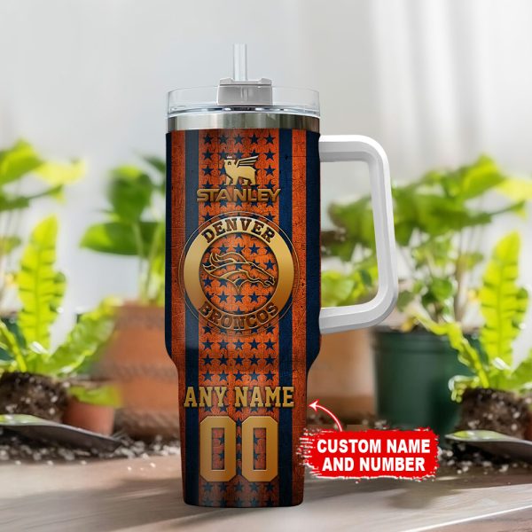 Denver Broncos NFL Golden Logos US Flag Custom Stanley Quencher 30oz-40oz Stainless Steel Tumbler Hot And Cold Tumbler - Image 2