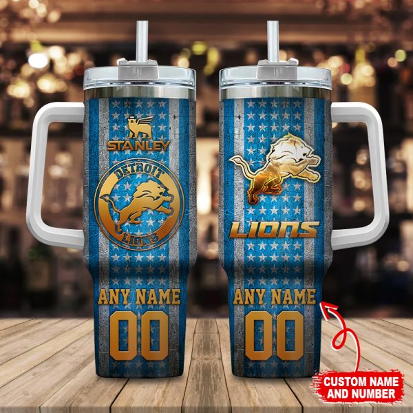 Detroit Lions NFL Golden Logos US Flag Custom Stanley Quencher 30oz-40oz Stainless Steel Tumbler Hot And Cold Tumbler