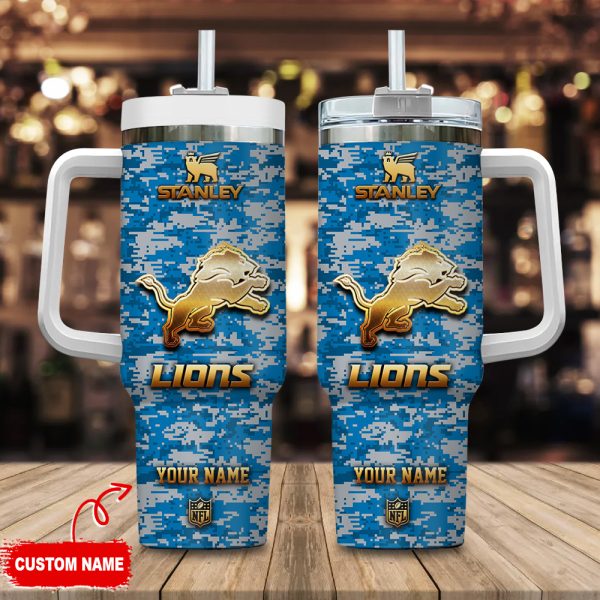 Detroit Lions NFL Camouflage Golden Logo Custom Stanley Quencher 30oz-40oz Stainless Steel Tumbler Hot And Cold Tumbler