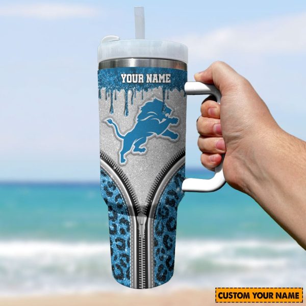 Detroit Lions NFL Glitter Leopard Print Custom Stanley Quencher 30oz-40oz Stainless Steel Tumbler Hot And Cold Tumbler - Image 2