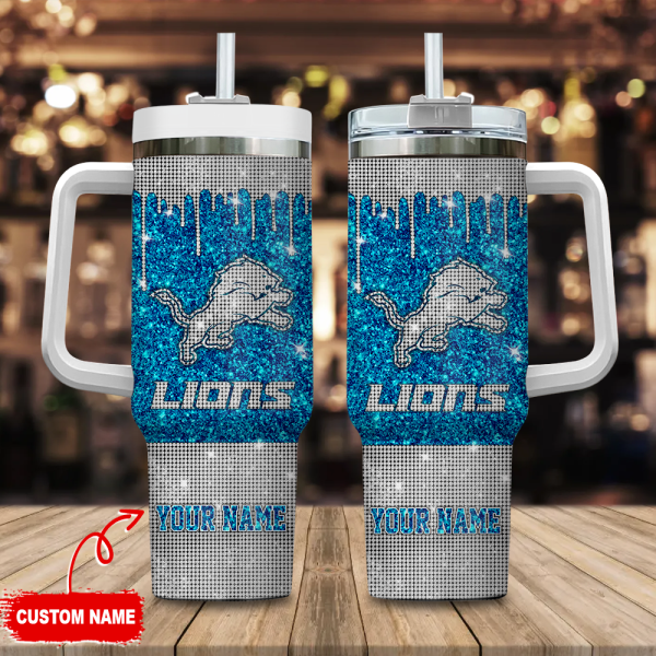 Detroit Lions NFL Glitter and Diamonds Bling Custom Stanley Quencher 30oz-40oz Stainless Steel Tumbler Hot And Cold Tumbler