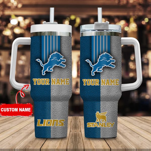 Detroit Lions NFL Leather Effect Custom Stanley Quencher 30oz-40oz Stainless Steel Tumbler Hot And Cold Tumbler