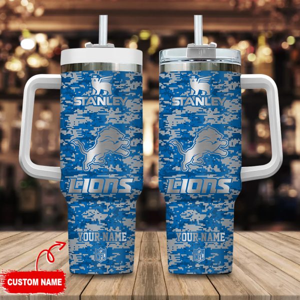 Detroit Lions NFL Camouflage Silver Logo Custom Stanley Quencher 30oz-40oz Stainless Steel Tumbler Hot And Cold Tumbler
