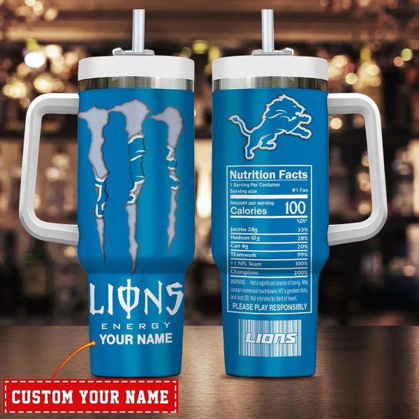 Detroit Lions NFL Energy Nutrition Facts Custom Stanley Quencher 30oz-40oz Stainless Steel Tumbler Hot And Cold Tumbler