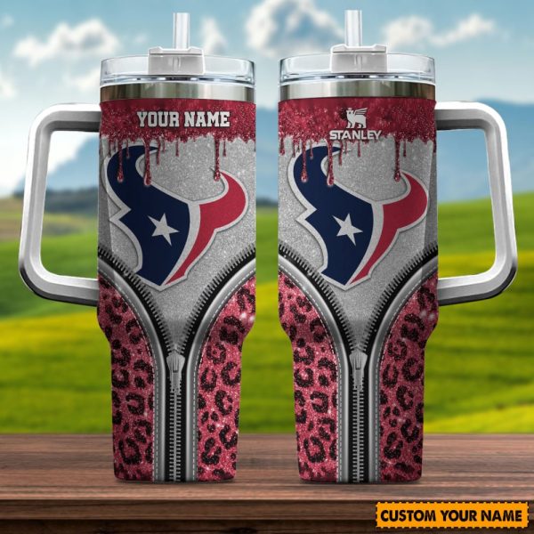 Houston Texans NFL Glitter Leopard Print Custom Stanley Quencher 30oz-40oz Stainless Steel Tumbler Hot And Cold Tumbler