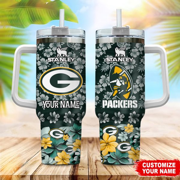 Green Bay Packers NFL Tropical Floral Custom Stanley Quencher 30oz-40oz Stainless Steel