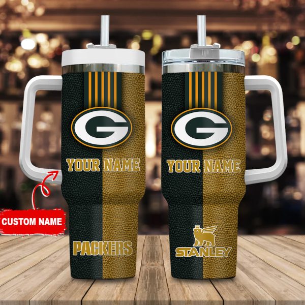 Green Bay Packers NFL Leather Effect Custom Stanley Quencher 30oz-40oz Stainless Steel Tumbler Hot And Cold Tumbler