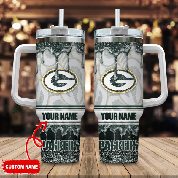 Green Bay Packers NFL Glitter Custom Stanley Quencher 30oz-40oz Stainless Steel Tumbler Hot And Cold Tumbler