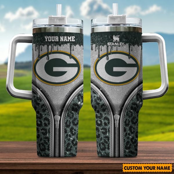 Green Bay Packers NFL Glitter Leopard Print Custom Stanley Quencher 30oz-40oz Stainless Steel Tumbler Hot And Cold Tumbler