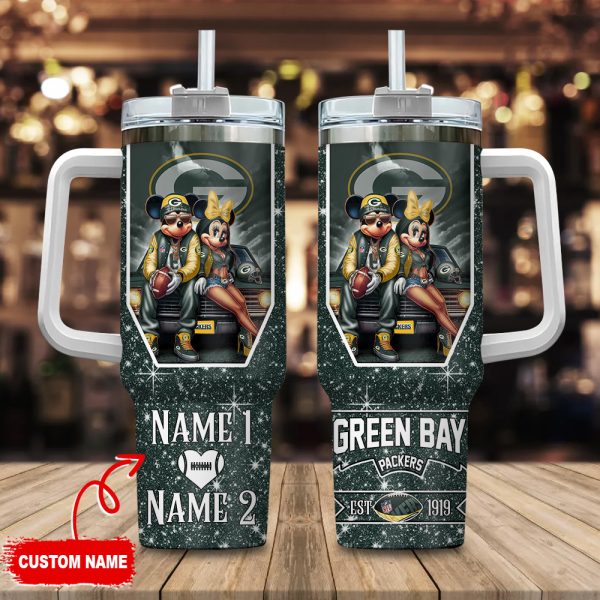 Green Bay Packers NFL Mickey And Minnie Couple Custom Stanley Quencher 30oz-40oz Stainless Steel Tumbler Hot And Cold Tumbler