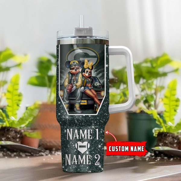 Green Bay Packers NFL Mickey And Minnie Couple Custom Stanley Quencher 30oz-40oz Stainless Steel Tumbler Hot And Cold Tumbler - Image 2