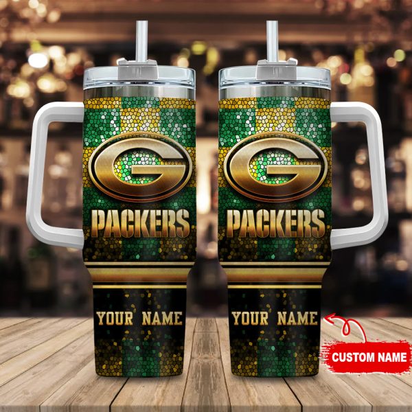Green Bay Packers NFL Glitter Golden Logo Custom Stanley Quencher 30oz-40oz Stainless Steel Tumbler Hot And Cold Tumbler