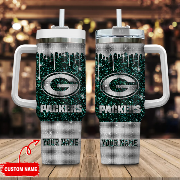 Green Bay Packers NFL Glitter and Diamonds Bling Custom Stanley Quencher 30oz-40oz Stainless Steel Tumbler Hot And Cold Tumbler