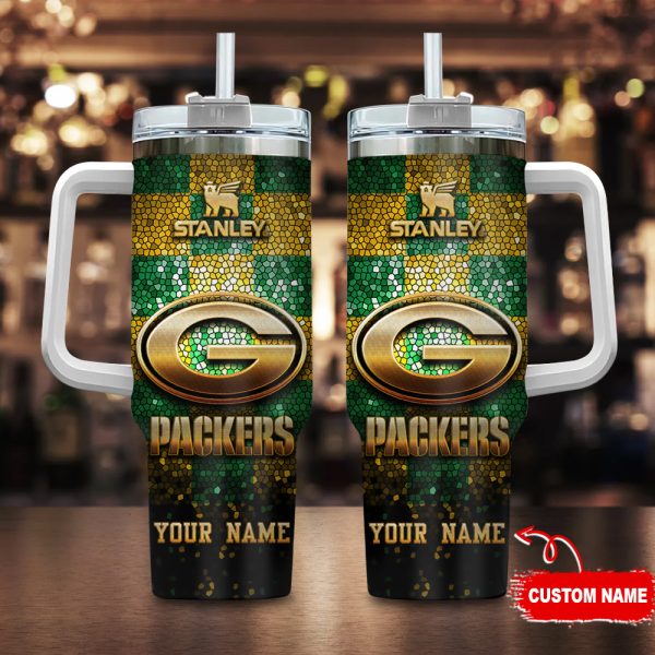 Green Bay Packers NFL Glitter Golden Logo Custom Stanley Quencher 30oz-40oz Stainless Steel Tumbler Hot And Cold Tumbler