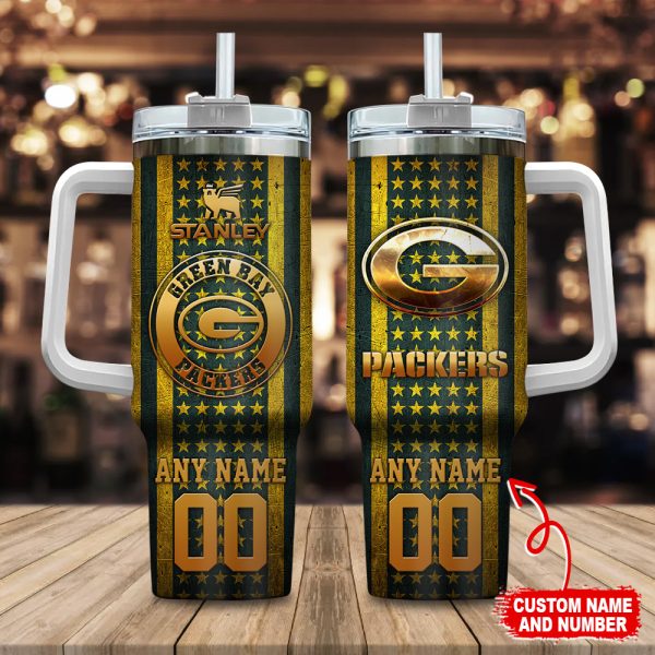Green Bay Packers NFL Golden Logos US Flag Custom Stanley Quencher 30oz-40oz Stainless Steel Tumbler Hot And Cold Tumbler