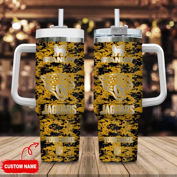 Jacksonville Jaguars NFL Camouflage Silver Logo Custom Stanley Quencher 30oz-40oz Stainless Steel Tumbler Hot And Cold Tumbler