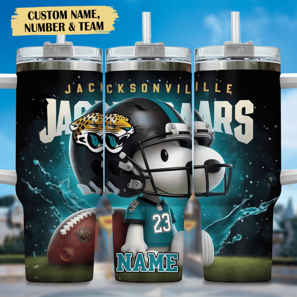 Snoopy and Jacksonville Jaguars Cartoon,NFL Custom Stanley Quencher 30oz-40oz Stainless Steel Tumbler Hot And Cold Tumbler