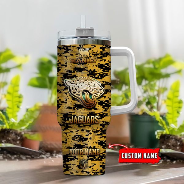Jacksonville Jaguars NFL Camouflage Golden Logo Custom Stanley Quencher 30oz-40oz Stainless Steel Tumbler Hot And Cold Tumbler - Image 2