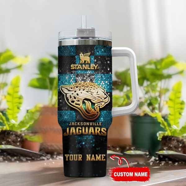 Jacksonville Jaguars NFL Glitter Golden Logo Custom Stanley Quencher 30oz-40oz Stainless Steel Tumbler Hot And Cold Tumbler - Image 2