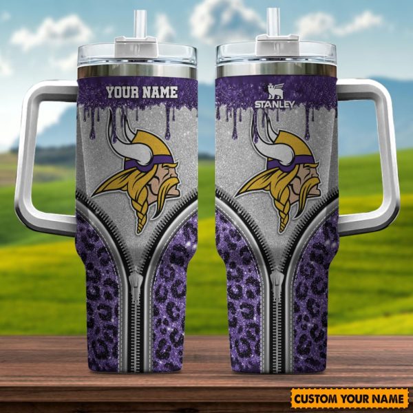 Minnesota Vikings NFL Glitter Leopard Print Custom Stanley Quencher 30oz-40oz Stainless Steel Tumbler Hot And Cold Tumbler