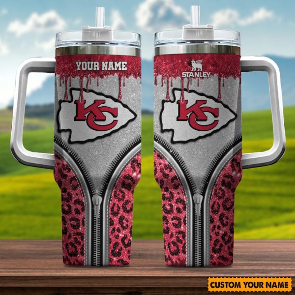 Kansas City Chiefs NFL Glitter Leopard Print Custom Stanley Quencher 30oz-40oz Stainless Steel Tumbler Hot And Cold Tumbler