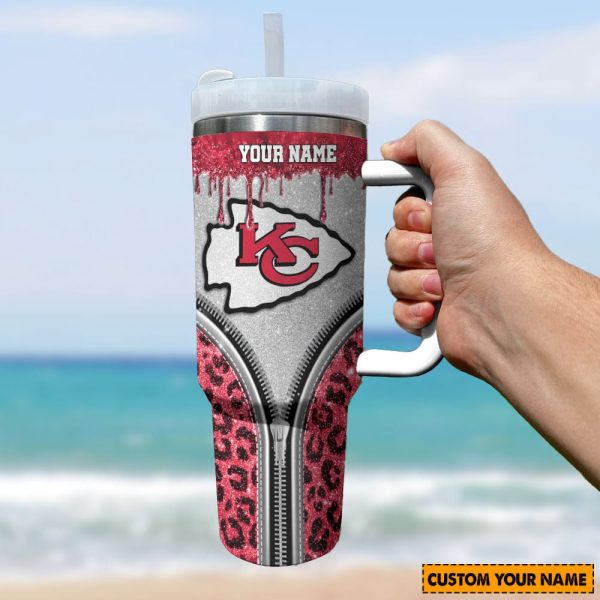 Kansas City Chiefs NFL Glitter Leopard Print Custom Stanley Quencher 30oz-40oz Stainless Steel Tumbler Hot And Cold Tumbler - Image 2
