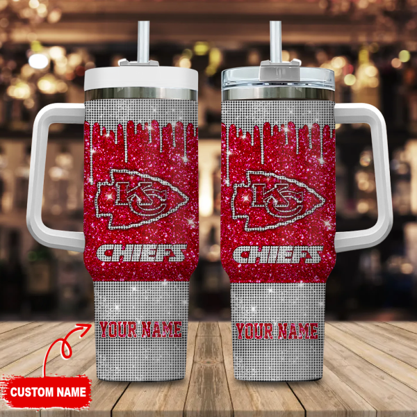 Kansas City Chiefs NFL Glitter and Diamonds Bling Custom Stanley Quencher 30oz-40oz Stainless Steel Tumbler Hot And Cold Tumbler