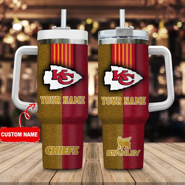 Kansas City Chiefs NFL Leather Effect Custom Stanley Quencher 30oz-40oz Stainless Steel Tumbler Hot And Cold Tumbler