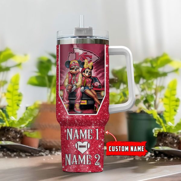 Kansas City Chiefs NFL Mickey And Minnie Couple Custom Stanley Quencher 30oz-40oz Stainless Steel Tumbler Hot And Cold Tumbler - Image 2