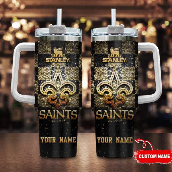 New Orleans Saints NFL Glitter Golden Logo Custom Stanley Quencher 30oz-40oz Stainless Steel Tumbler Hot And Cold Tumbler