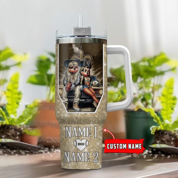 New Orleans Saints NFL Mickey And Minnie Couple Custom Stanley Quencher 30oz-40oz Stainless Steel Tumbler Hot And Cold Tumbler - Image 2