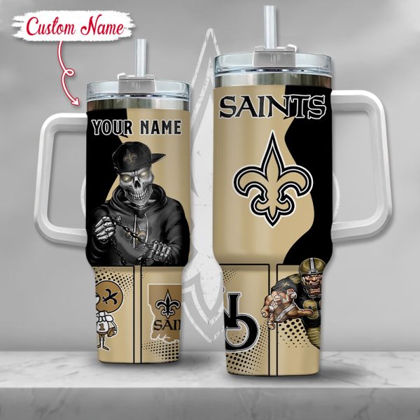 NFL New Orleans Saints Gangster Skeleton Custom Stanley Quencher 30oz-40oz Stainless Steel Tumbler Hot And Cold Tumbler