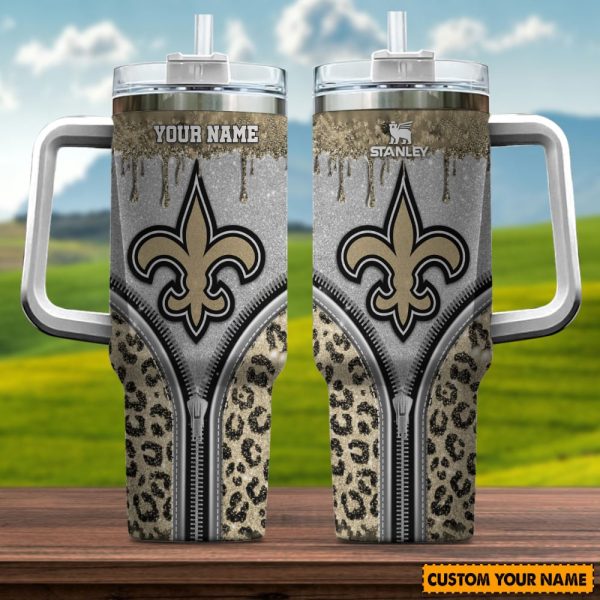 New Orleans Saints NFL Glitter Leopard Print Custom Stanley Quencher 30oz-40oz Stainless Steel Tumbler Hot And Cold Tumbler