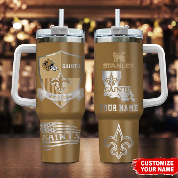New Orleans Saints NFL Silver Logo Custom Stanley Quencher 30oz-40oz Stainless Steel Tumbler Hot And Cold Tumbler