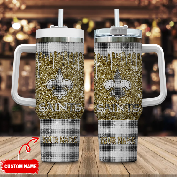 New Orleans Saints NFL Glitter and Diamonds Bling Custom Stanley Quencher 30oz-40oz Stainless Steel Tumbler Hot And Cold Tumbler