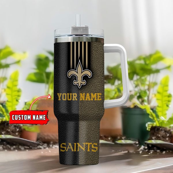 New Orleans Saints NFL Leather Effect Custom Stanley Quencher 30oz-40oz Stainless Steel Tumbler Hot And Cold Tumbler - Image 2
