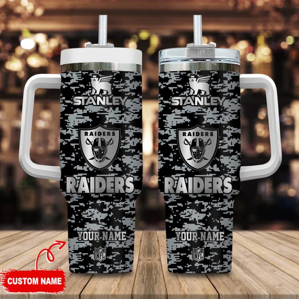 Las Vegas Raiders NFL Camouflage Silver Logo Custom Stanley Quencher 30oz-40oz Stainless Steel Tumbler Hot And Cold Tumbler