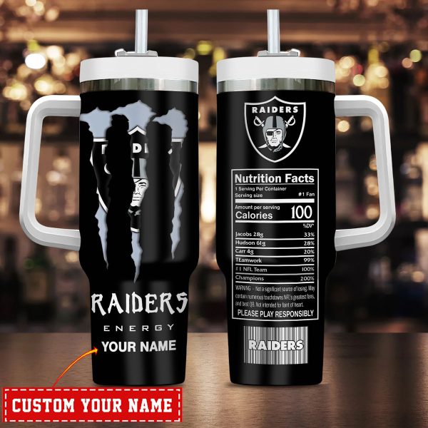 Las Vegas Raiders NFL Energy Nutrition Facts Custom Stanley Quencher 30oz-40oz Stainless Steel Tumbler Hot And Cold Tumbler