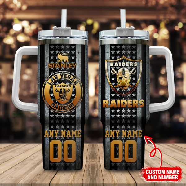 Las Vegas Raiders NFL Golden Logos US Flag Custom Stanley Quencher 30oz-40oz Stainless Steel Tumbler Hot And Cold Tumbler