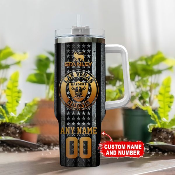 Las Vegas Raiders NFL Golden Logos US Flag Custom Stanley Quencher 30oz-40oz Stainless Steel Tumbler Hot And Cold Tumbler - Image 2