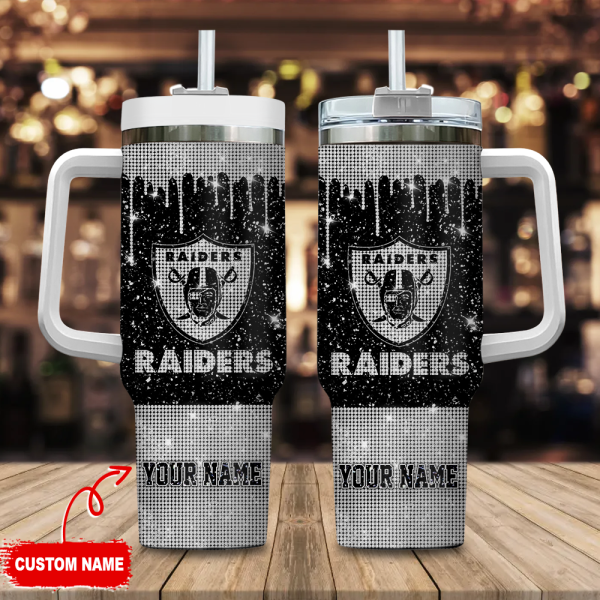 Las Vegas Raiders NFL Glitter and Diamonds Bling Custom Stanley Quencher 30oz-40oz Stainless Steel Tumbler Hot And Cold Tumbler