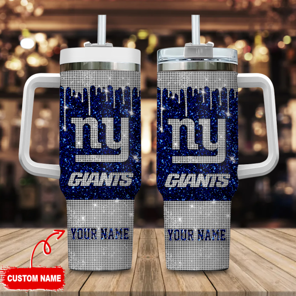 New York Giants NFL Glitter and Diamonds Bling Custom Stanley Quencher 30oz-40oz Stainless Steel Tumbler Hot And Cold Tumbler