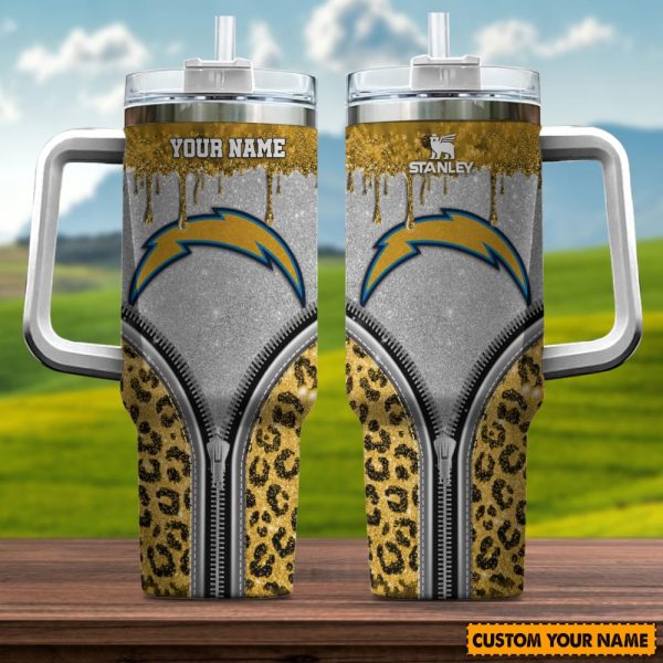 Los Angeles Chargers NFL Glitter Leopard Print Custom Stanley Quencher 30oz-40oz Stainless Steel Tumbler Hot And Cold Tumbler
