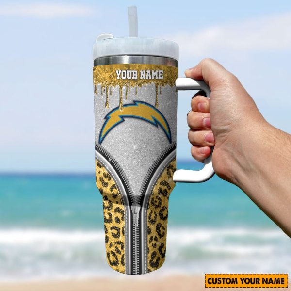 Los Angeles Chargers NFL Glitter Leopard Print Custom Stanley Quencher 30oz-40oz Stainless Steel Tumbler Hot And Cold Tumbler - Image 2