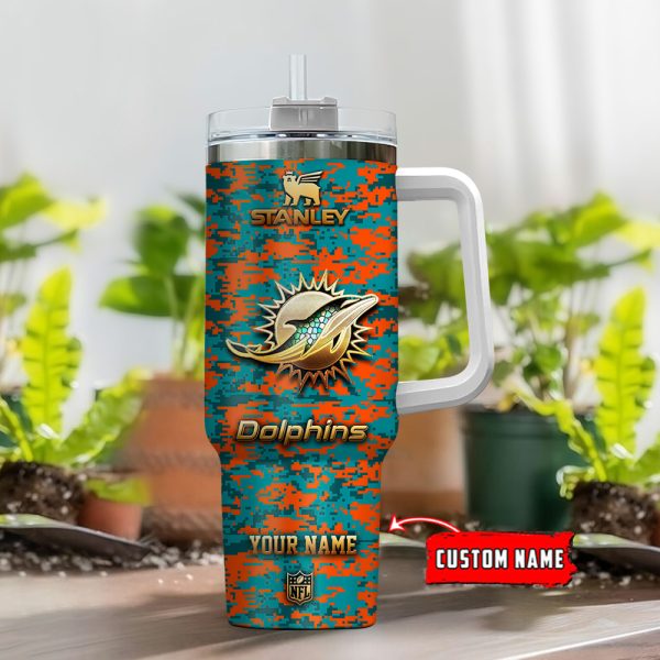 Miami Dolphins NFL Camouflage Golden Logo Custom Stanley Quencher 30oz-40oz Stainless Steel Tumbler Hot And Cold Tumbler - Image 2