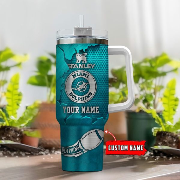 Miami Dolphins NFL Metal Style Custom Stanley Quencher 30oz-40oz Stainless Steel Tumbler Hot And Cold Tumbler - Image 2