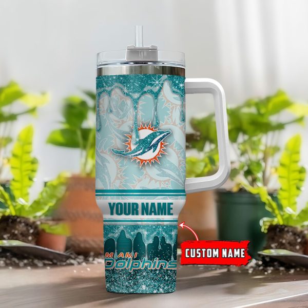 Miami Dolphins NFL Glitter Custom Stanley Quencher 30oz-40oz Stainless Steel Tumbler Hot And Cold Tumbler - Image 2